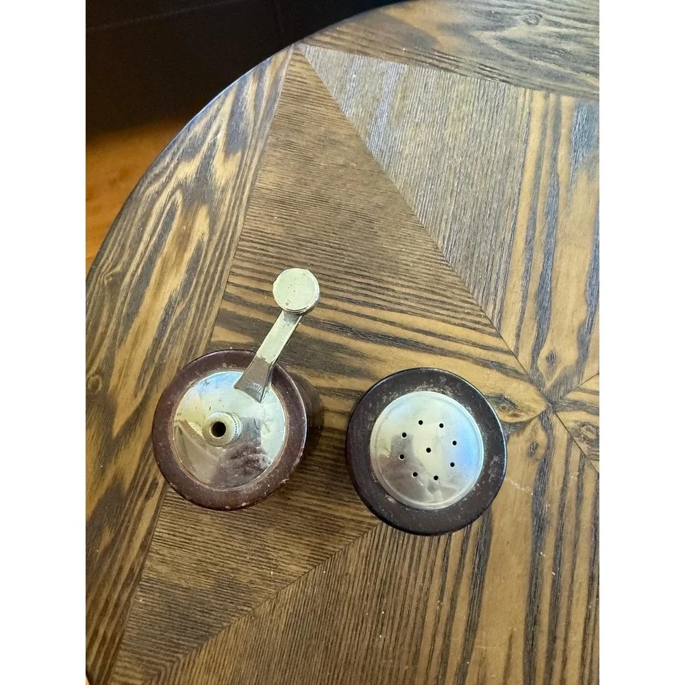 Vintage Wood Pepper Mill Salt Shaker Set Crank Mid Century Farmhouse Kitchen